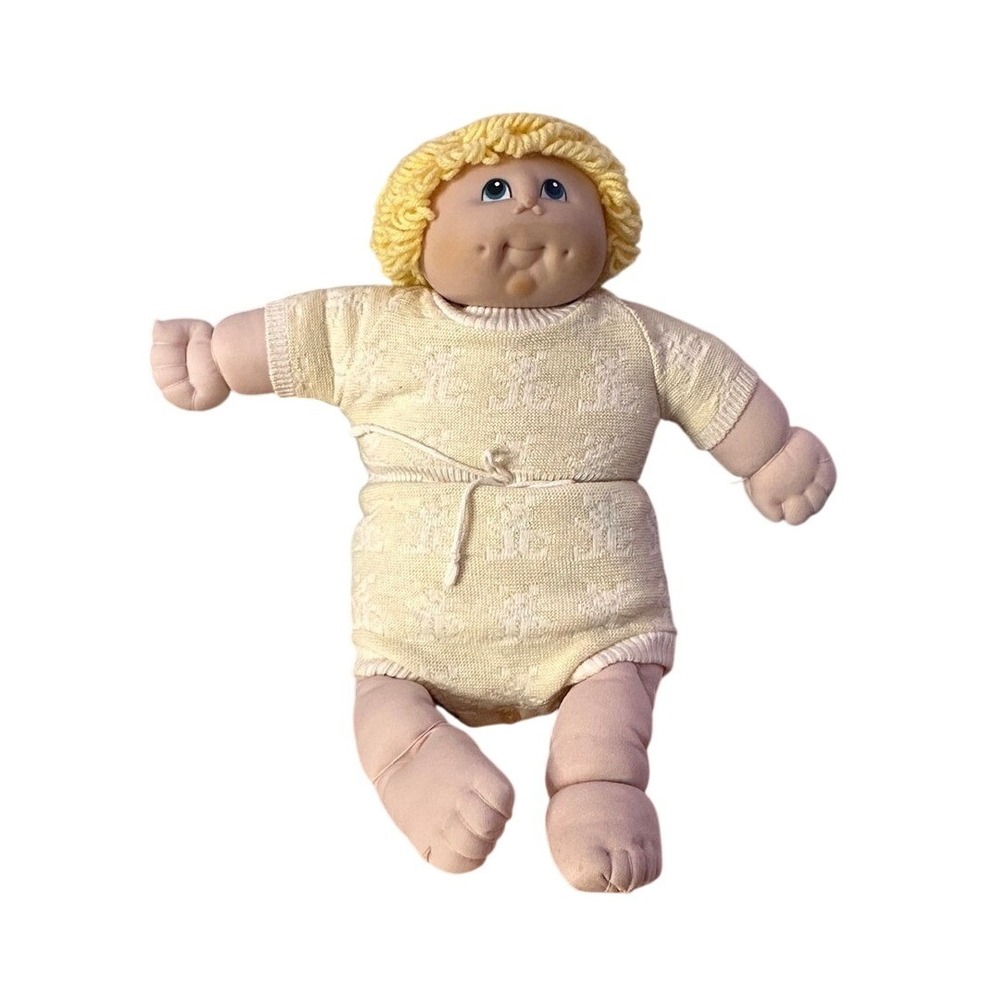 Vintage 1984 Fibre-Craft Doll Baby MN Thomas Yellow Yarn Hair Knit Romper